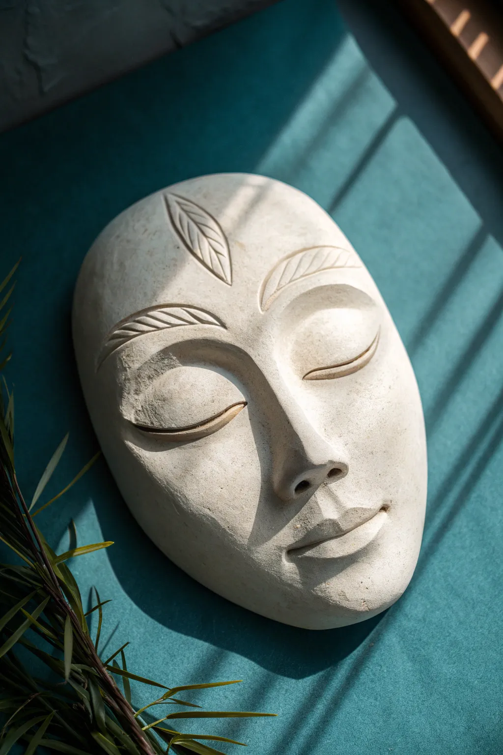 Serene closed-eyes clay mask in matte stoneware, simple slab-built calm for a spa corner.