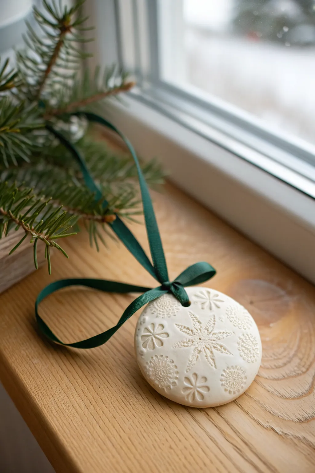 DIY lace-impressed clay keepsake ornament with matte finish and ribbon for cozy minimalist decor