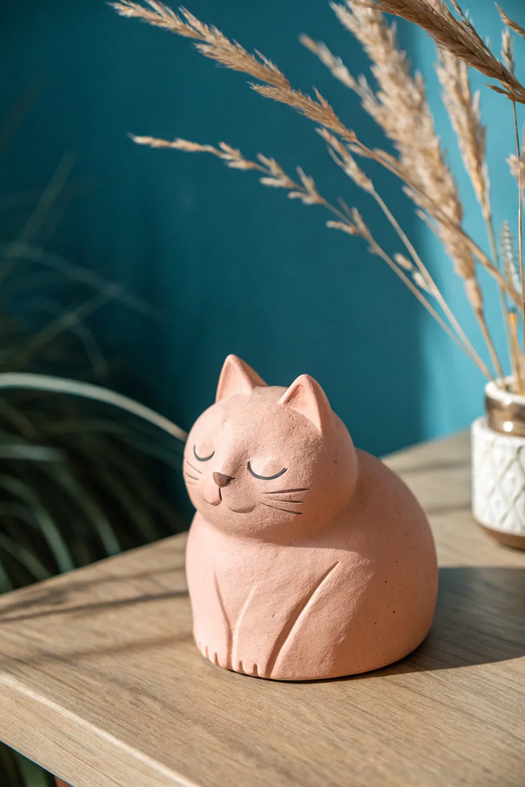Sleepy cat loaf clay sculpture, calm minimalist desk buddy with cozy Scandinavian boho vibe
