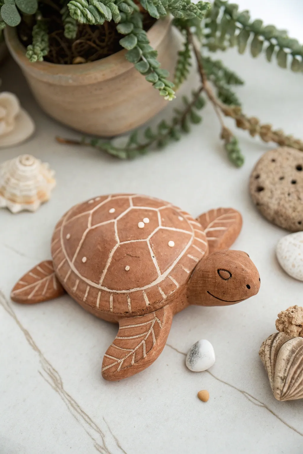 Beginner clay turtle: simple etched shell lines, bold terracotta tones, clean minimalist styling