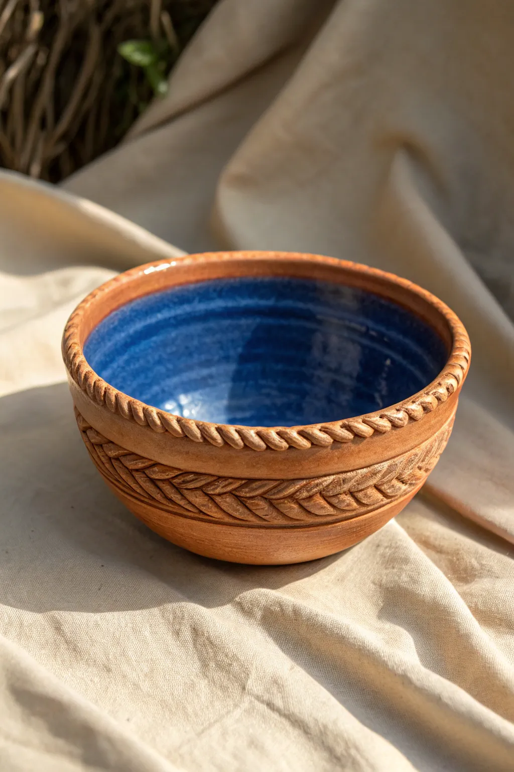 Rope twist lines on a tiny bowl for an easy, elegant clay texture with bold modern contrast