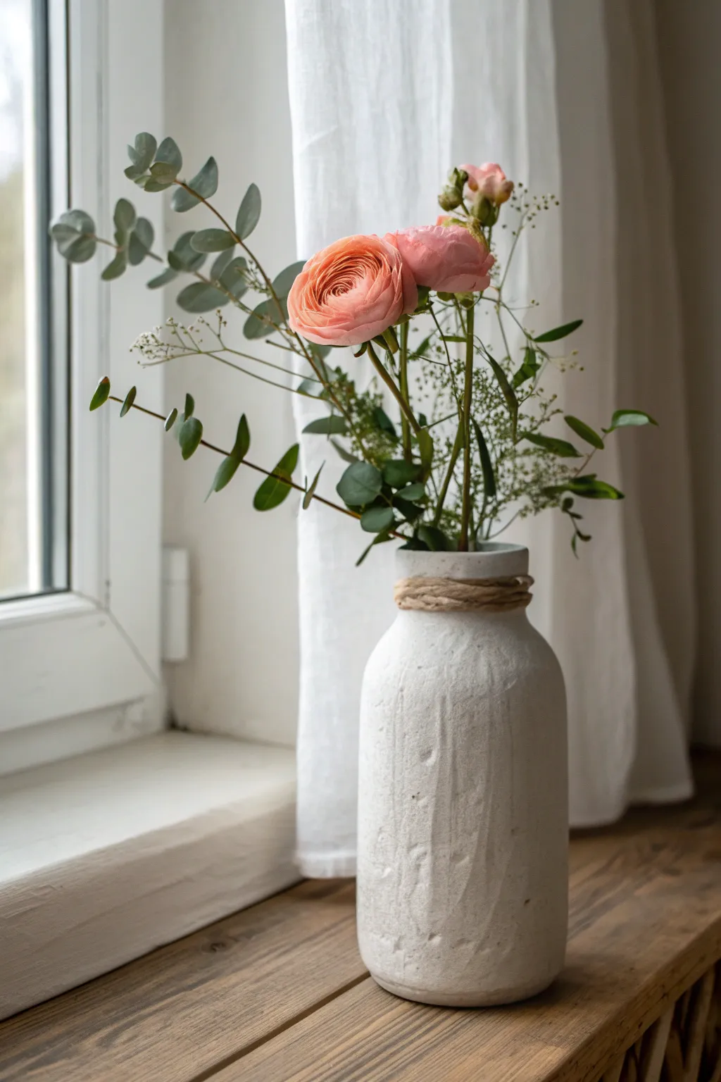 Simple upcycled jar vase wrapped in air-dry clay, bright blooms, Scandinavian-boho charm.