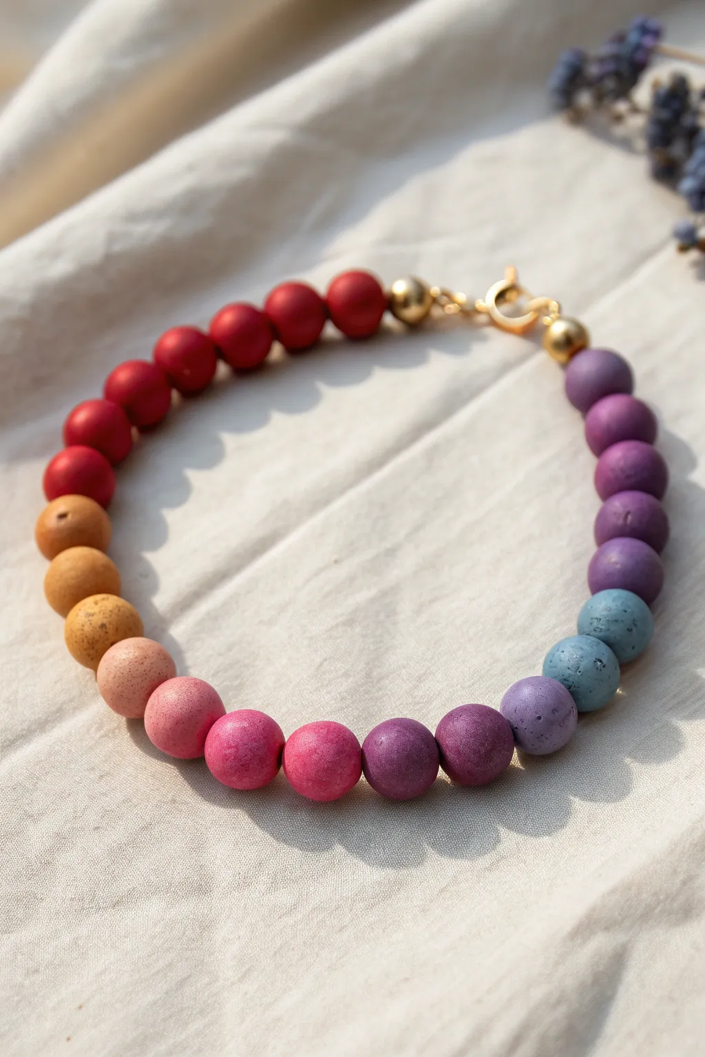 Classic rainbow-order clay bead bracelet on linen for a clean, bold pop of color