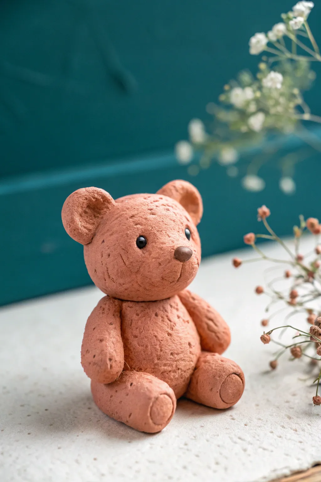 Tiny terracotta teddy bear cub clay figure, minimalist and cute, perfect simple beginner idea.