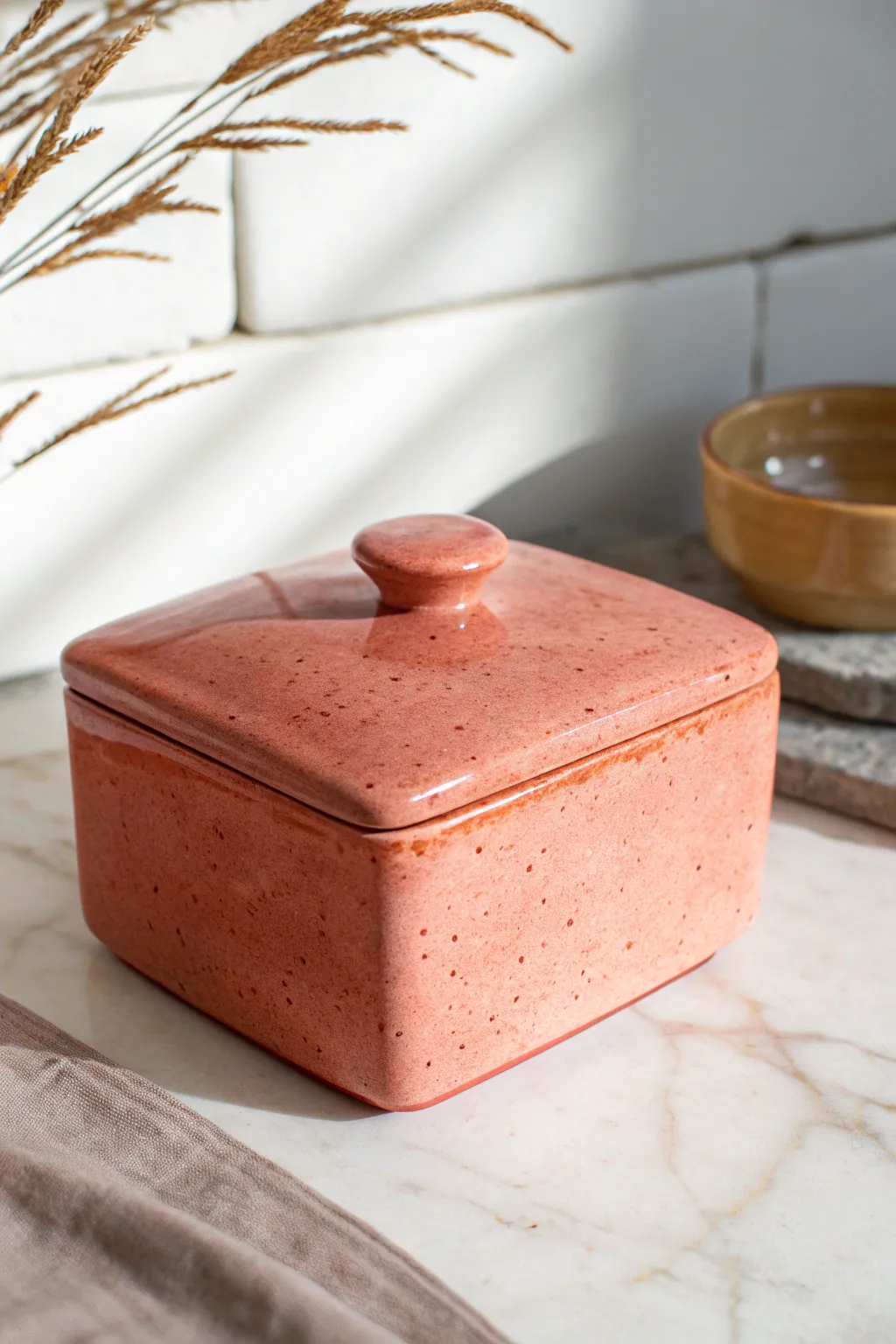 Softened-edge slab box with rounded corners in matte deep coral glaze, minimalist and warm.