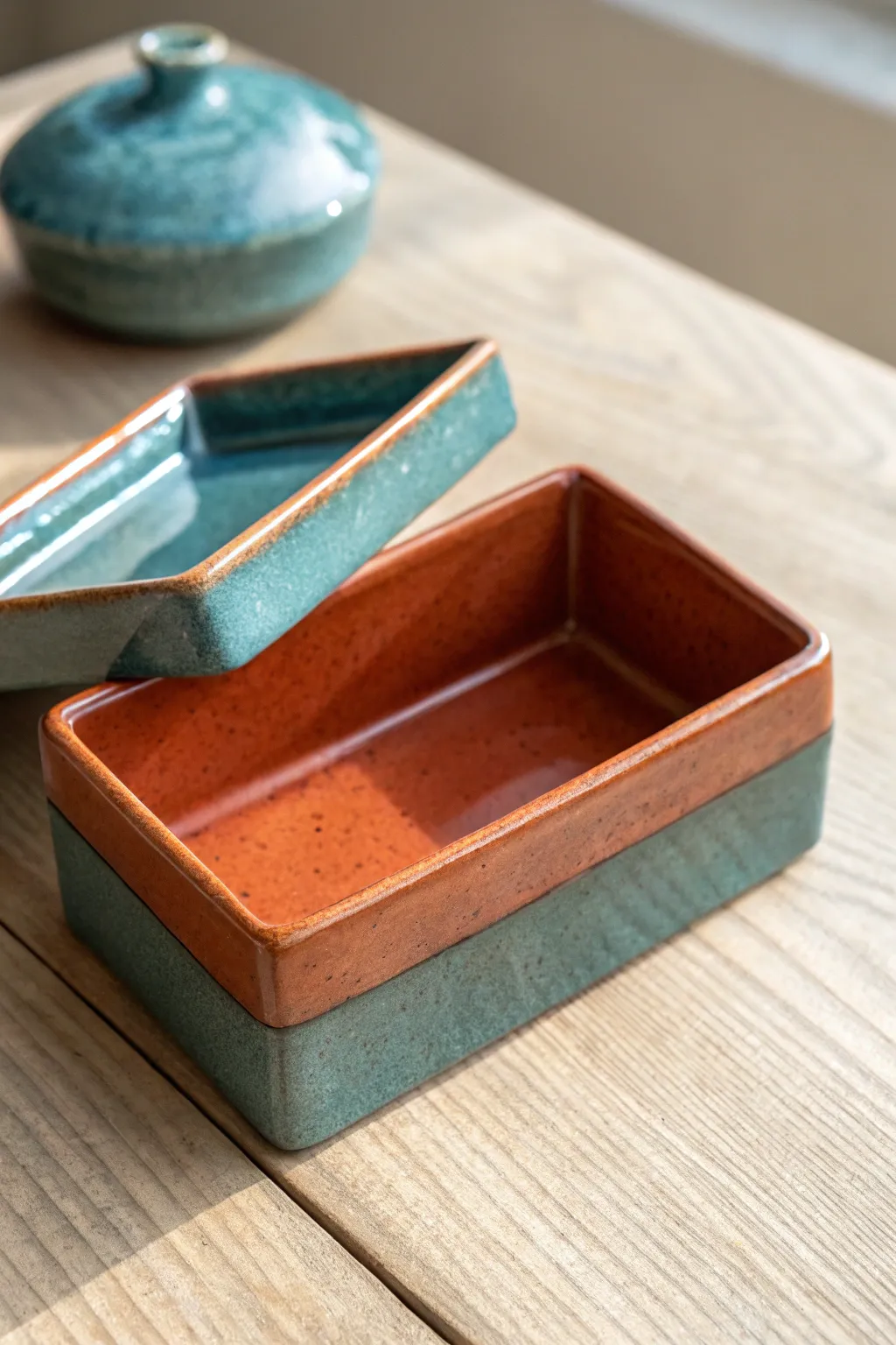 Matchbox-style slab box with sliding tray, matte sleeve and bold contrasting inner glaze.