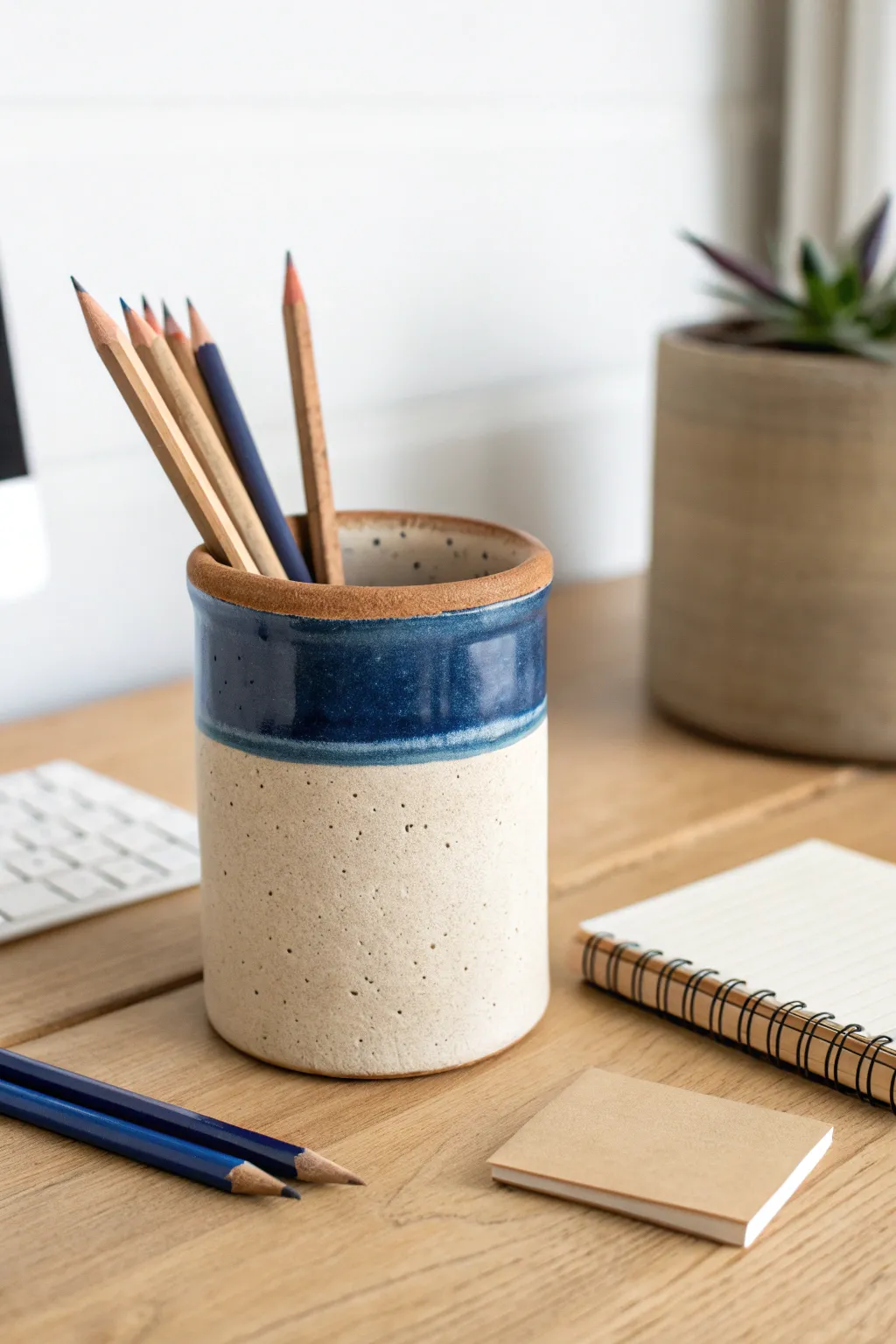 Minimal slab cylinder pencil cup with a stamped band, styled simply on a light oak desk