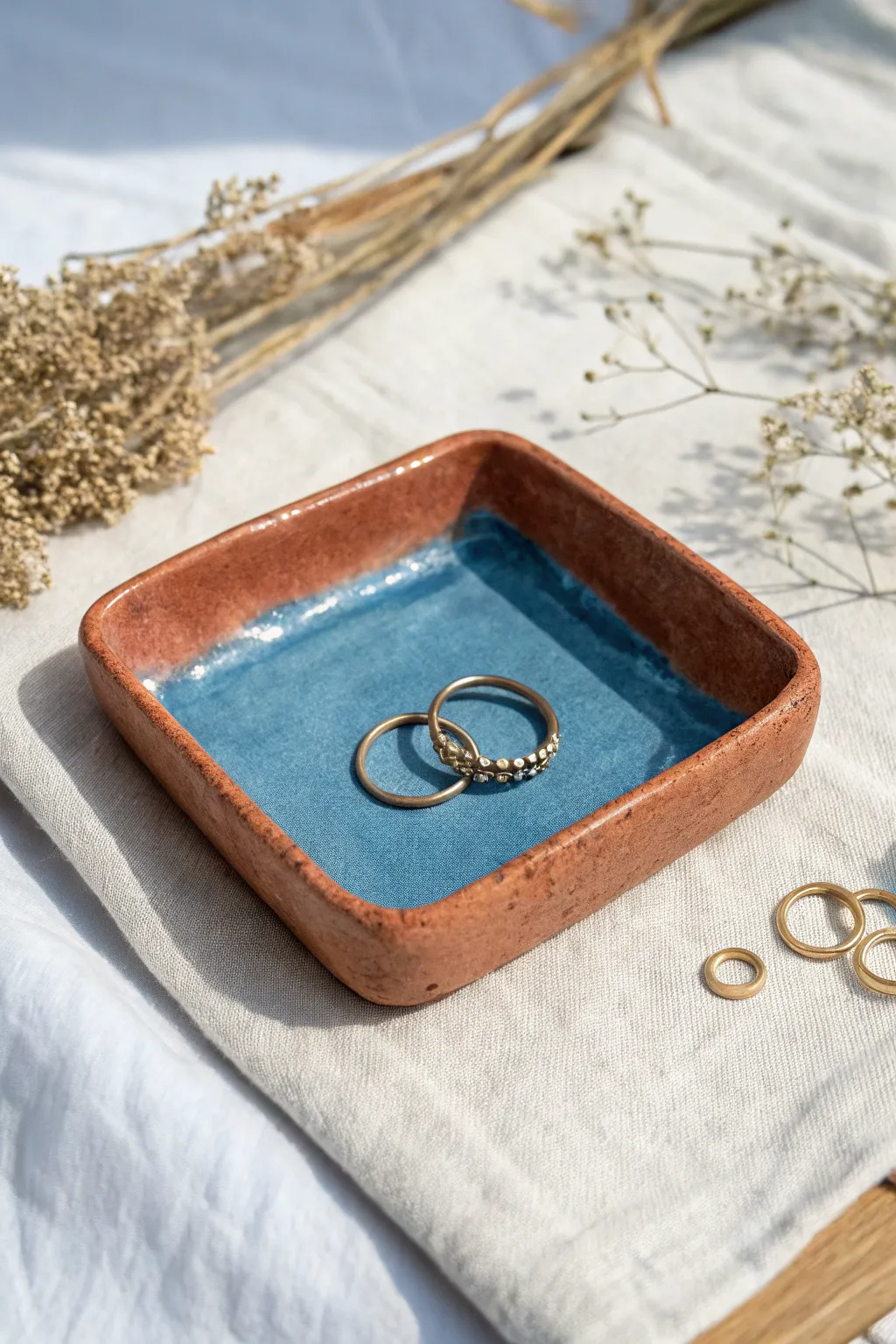 Pinched-corner slab jewelry tray: beginner easy, Scandinavian minimal with a bold pop of glaze.