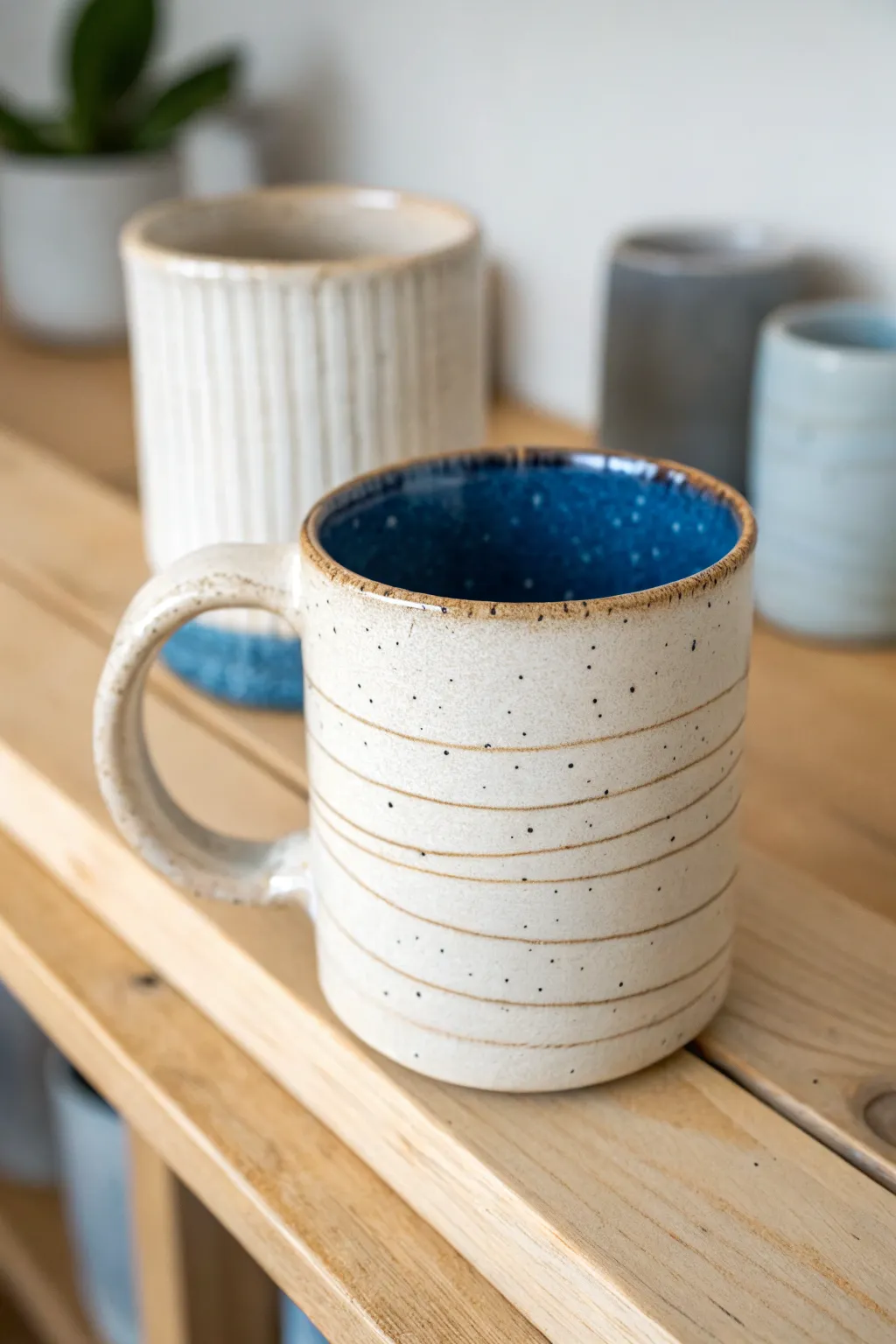Easy wrap-around slab mug with visible seam detail and a bold cobalt interior on warm oak