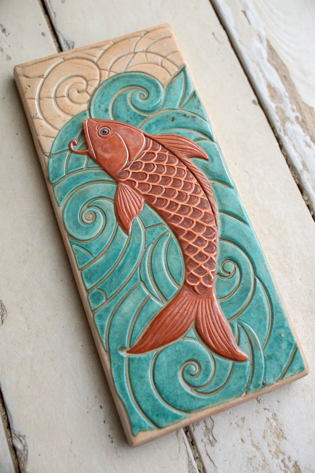 Minimal slab relief of a coral koi over teal ripples, bold yet calming Scandinavian-boho decor.