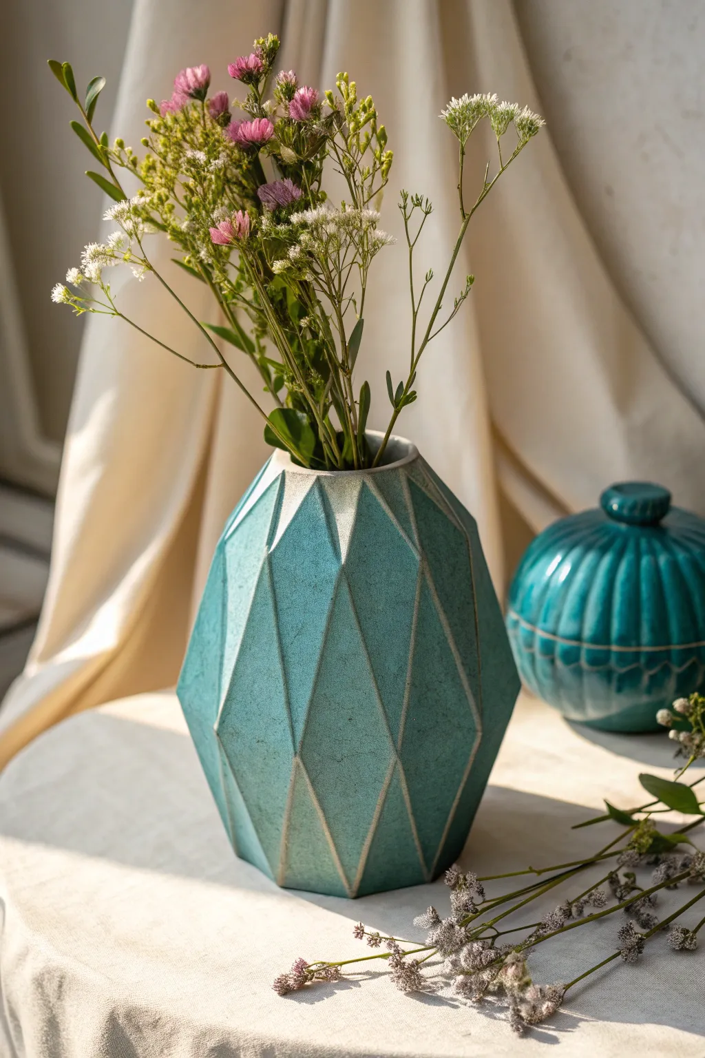 Faceted slab-panel vase in deep teal, minimalist and bold with light catching every face