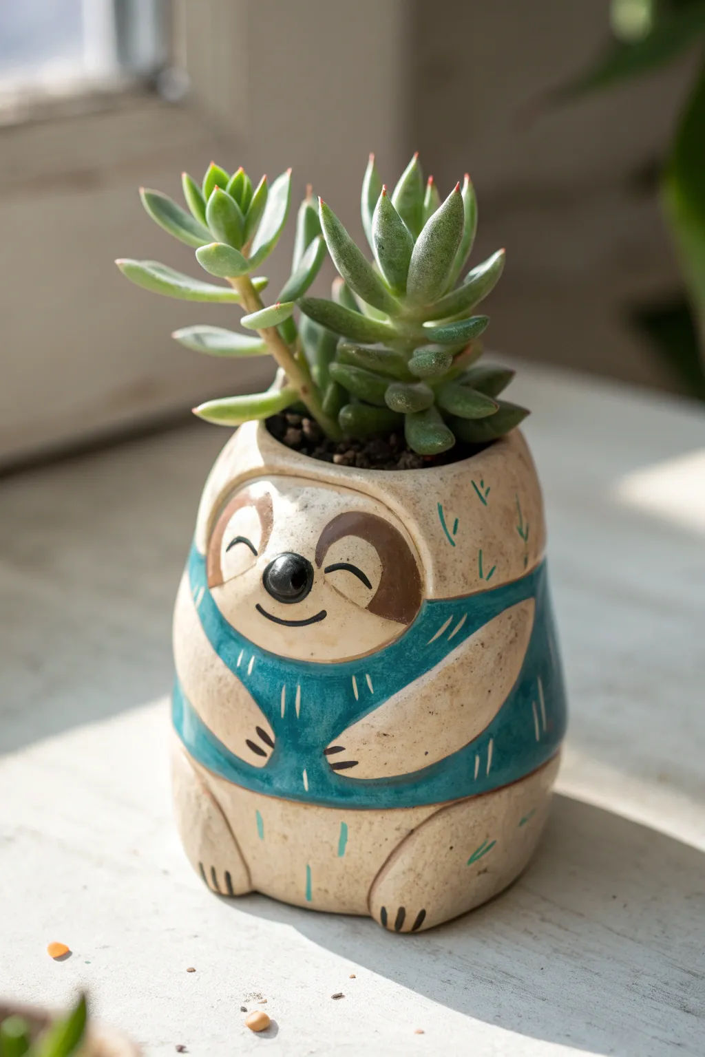 Cute sloth planter with a succulent nook, minimalist boho vibes and bold color contrast.