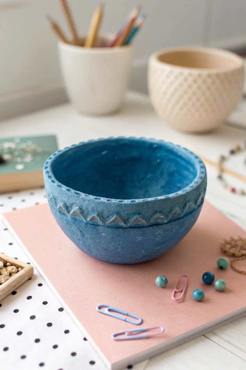 Tiny air-dry pinch pot for clips and beads—minimal, bold color, and satisfyingly handmade.