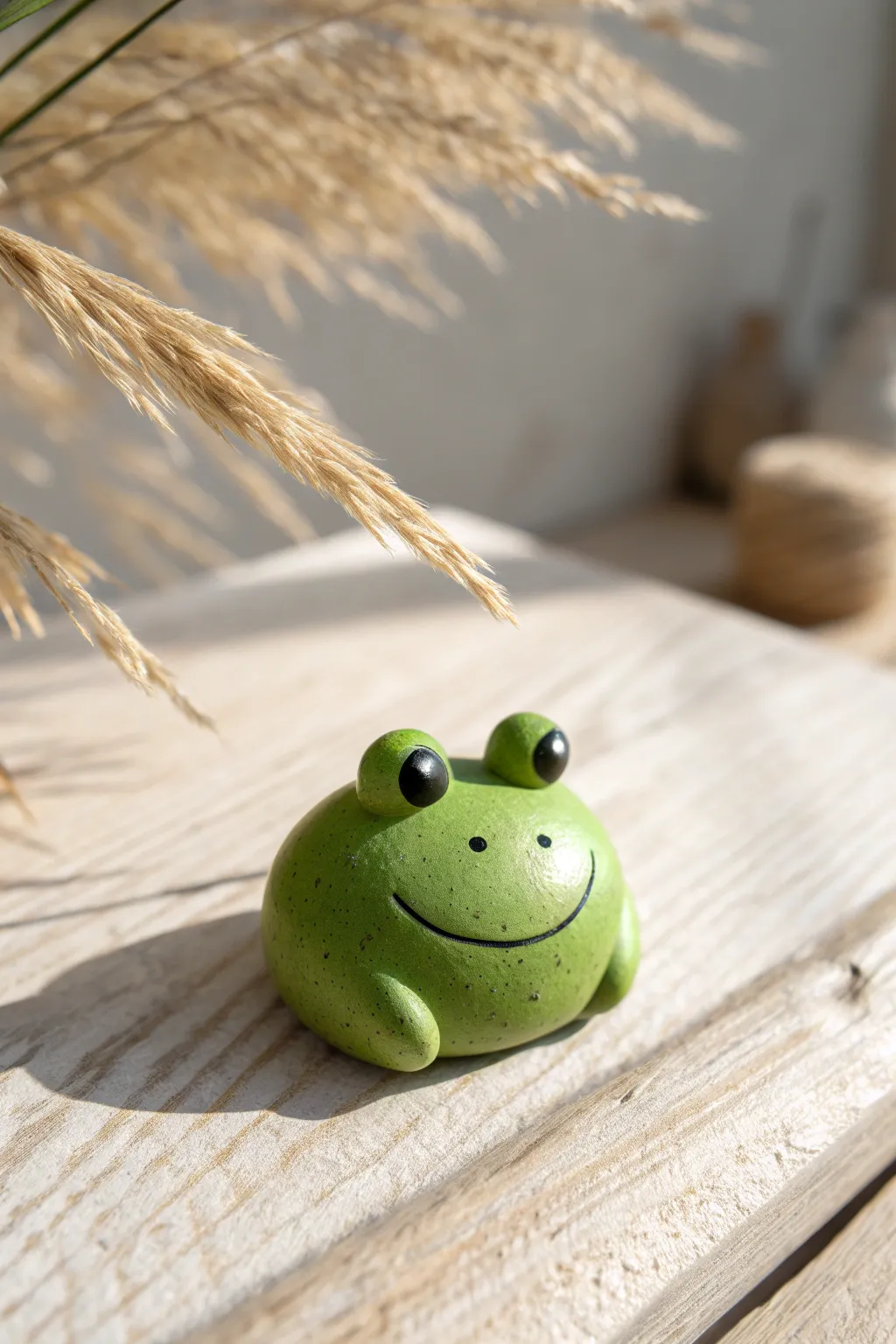 Simple frog blob: a bright green mini clay animal with cute eyes and a tiny smile