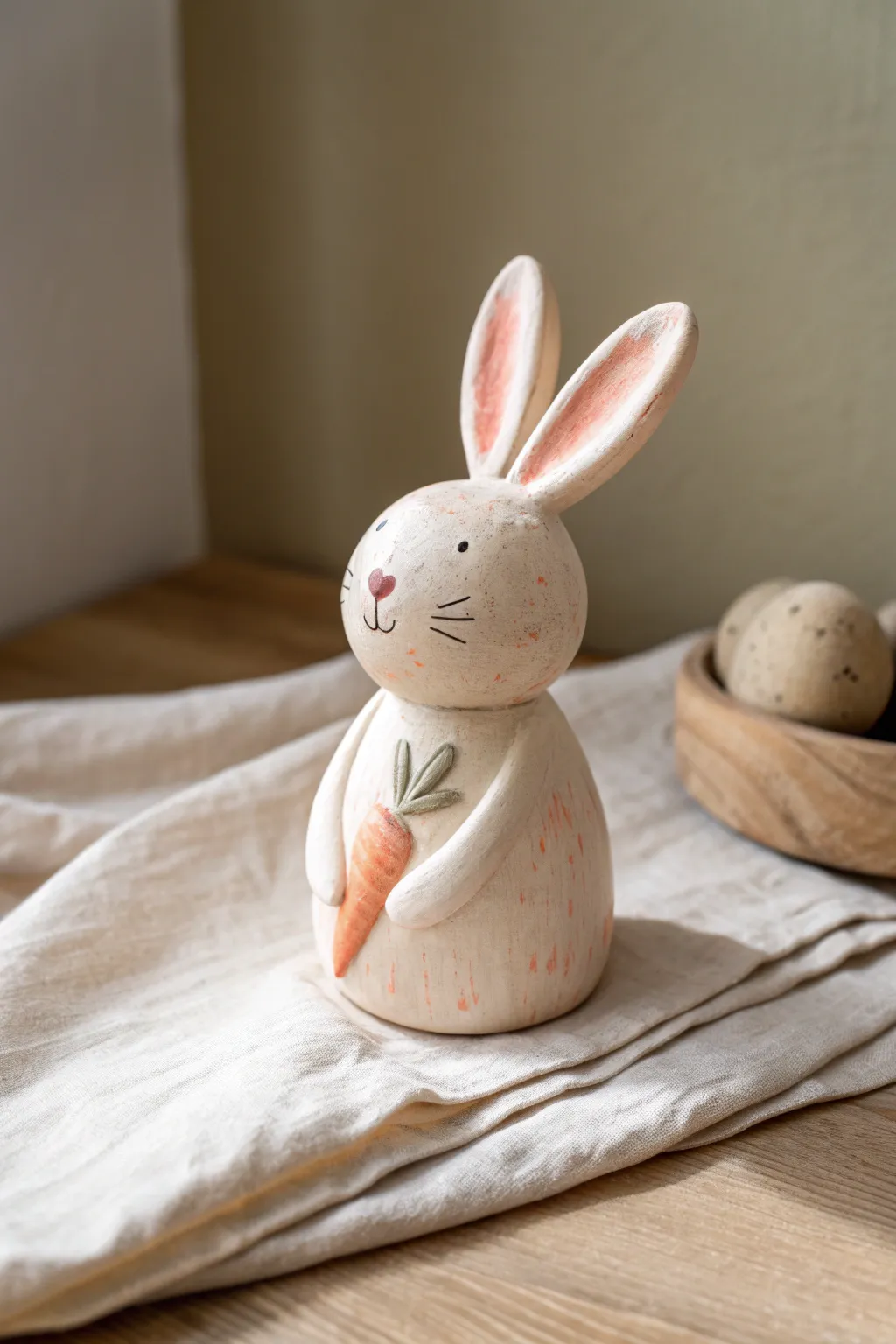 Stubby-eared clay bunny holding a tiny carrot, simple, sweet, and perfect for beginners