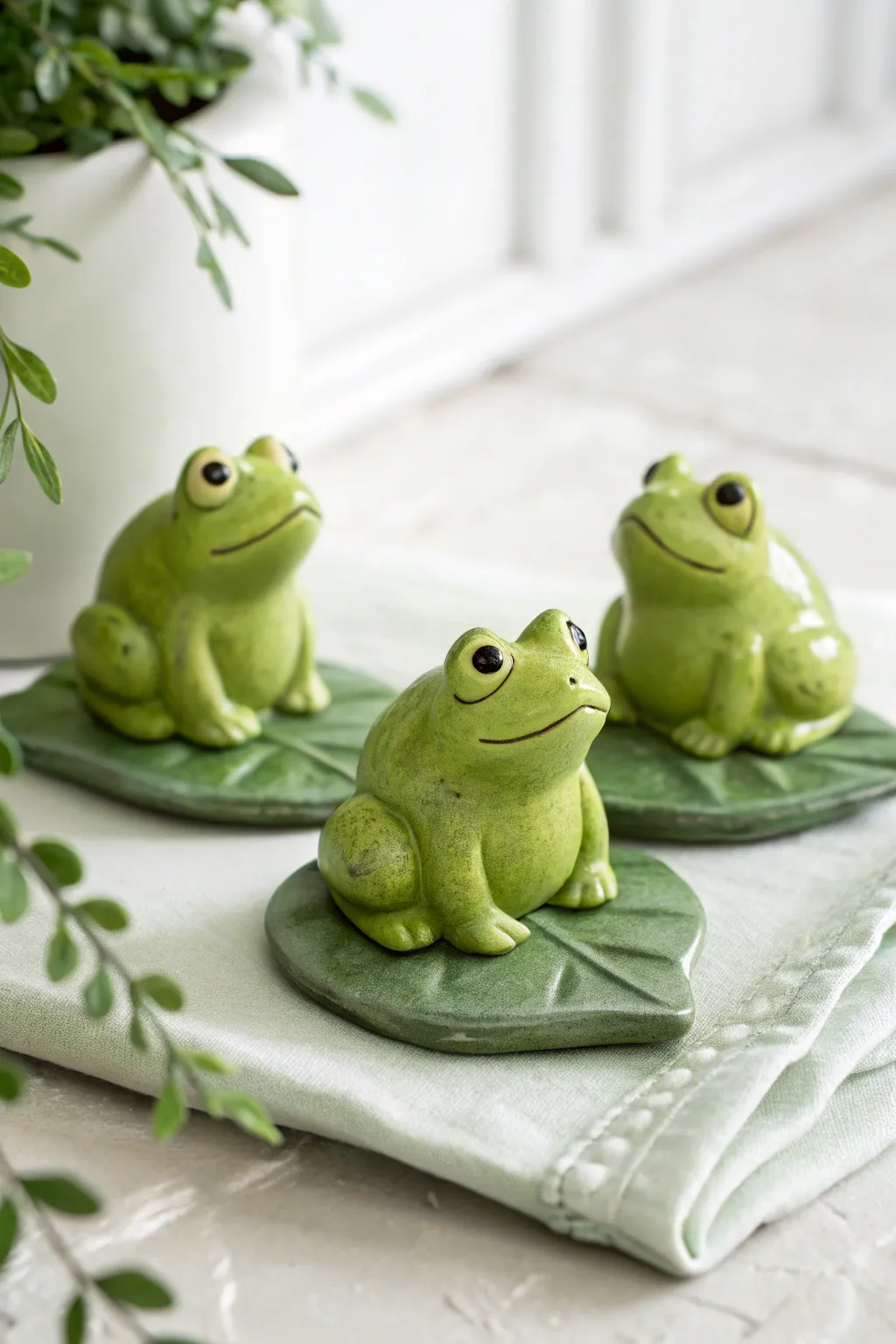 Tiny frog sitters in bright green clay on a leaf base, minimal, cute, and easy to make.