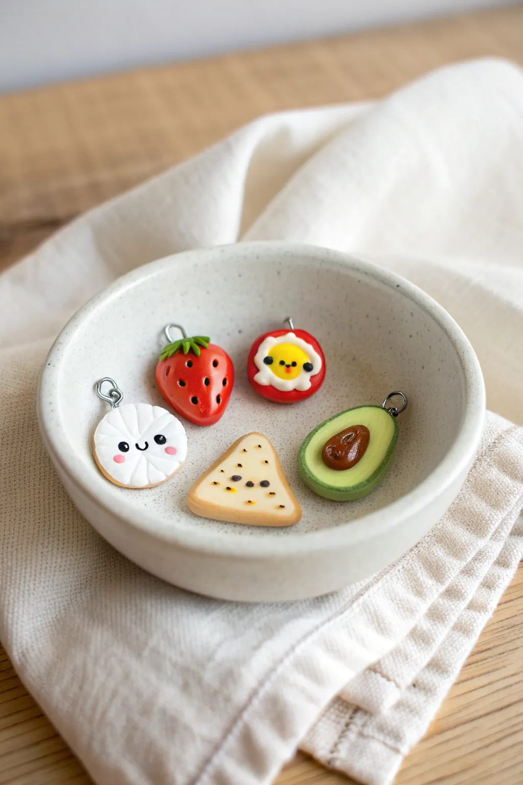 Tiny kawaii clay food charms in a minimalist bowl, bold glossy colors and cozy boho styling
