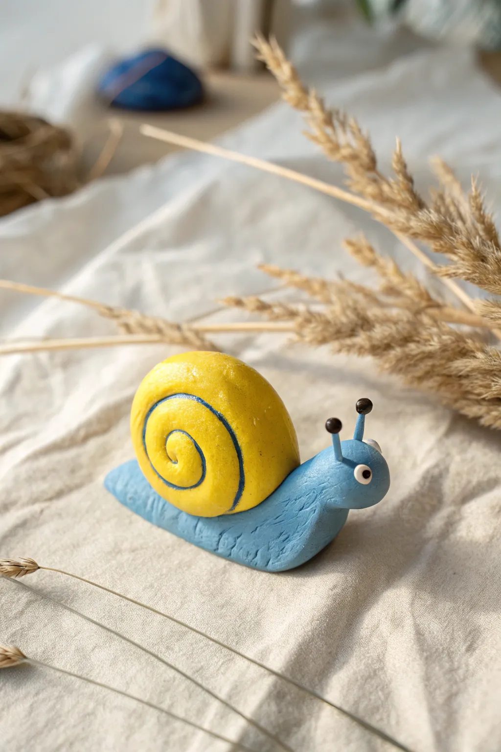 Palm-sized mini clay snail with a bright swirl shell, simple and sweet for kid-friendly crafting.