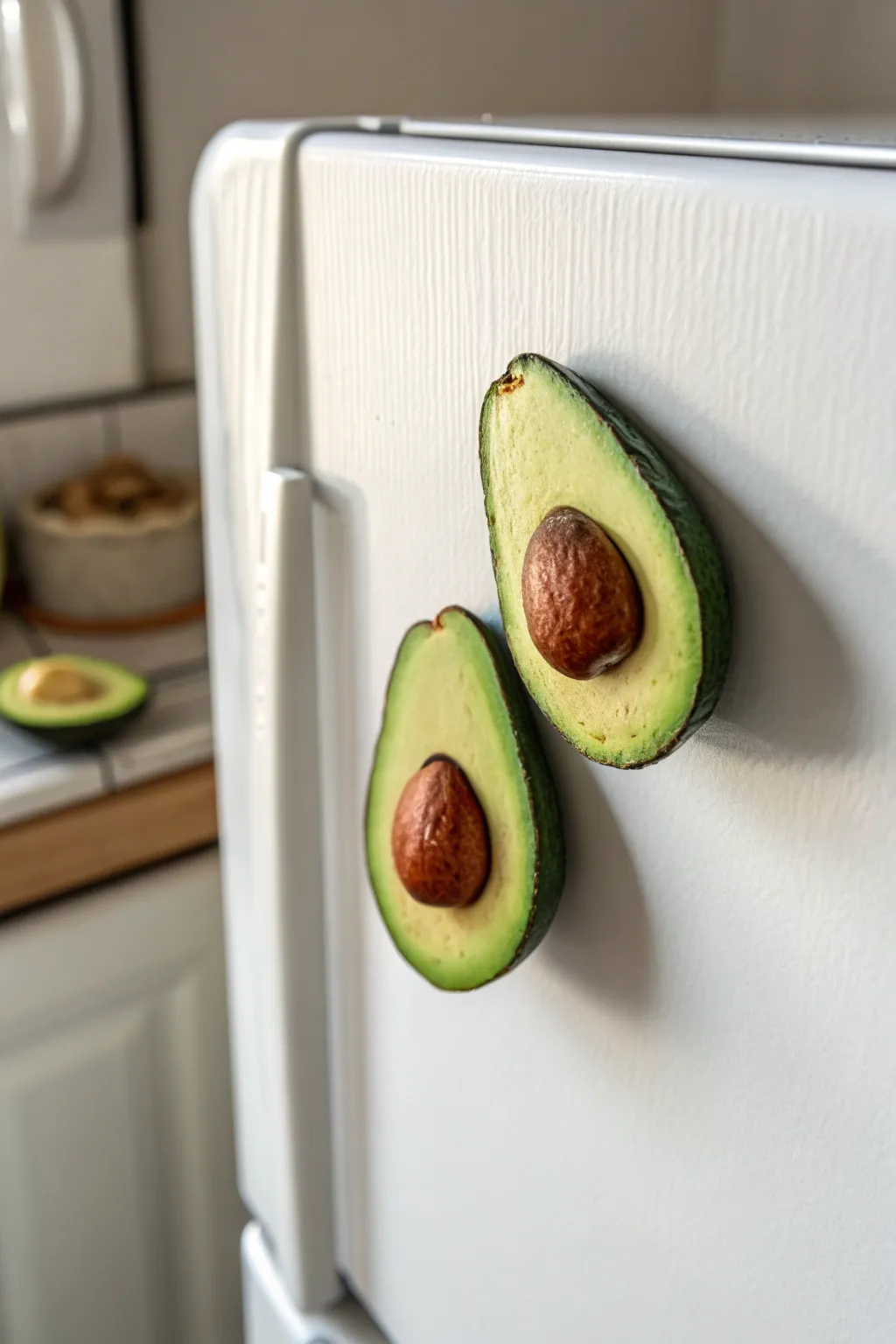 Bright clay avocado half magnets in a clean minimalist fridge scene, bold, playful, and handmade.