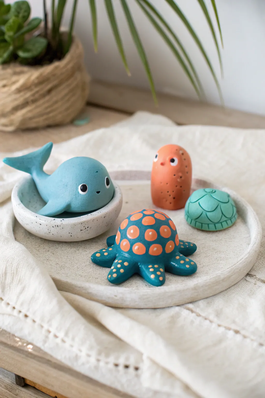 Chubby whale, turtle, and octopus minis in bold hues, simple shapes for your next clay session