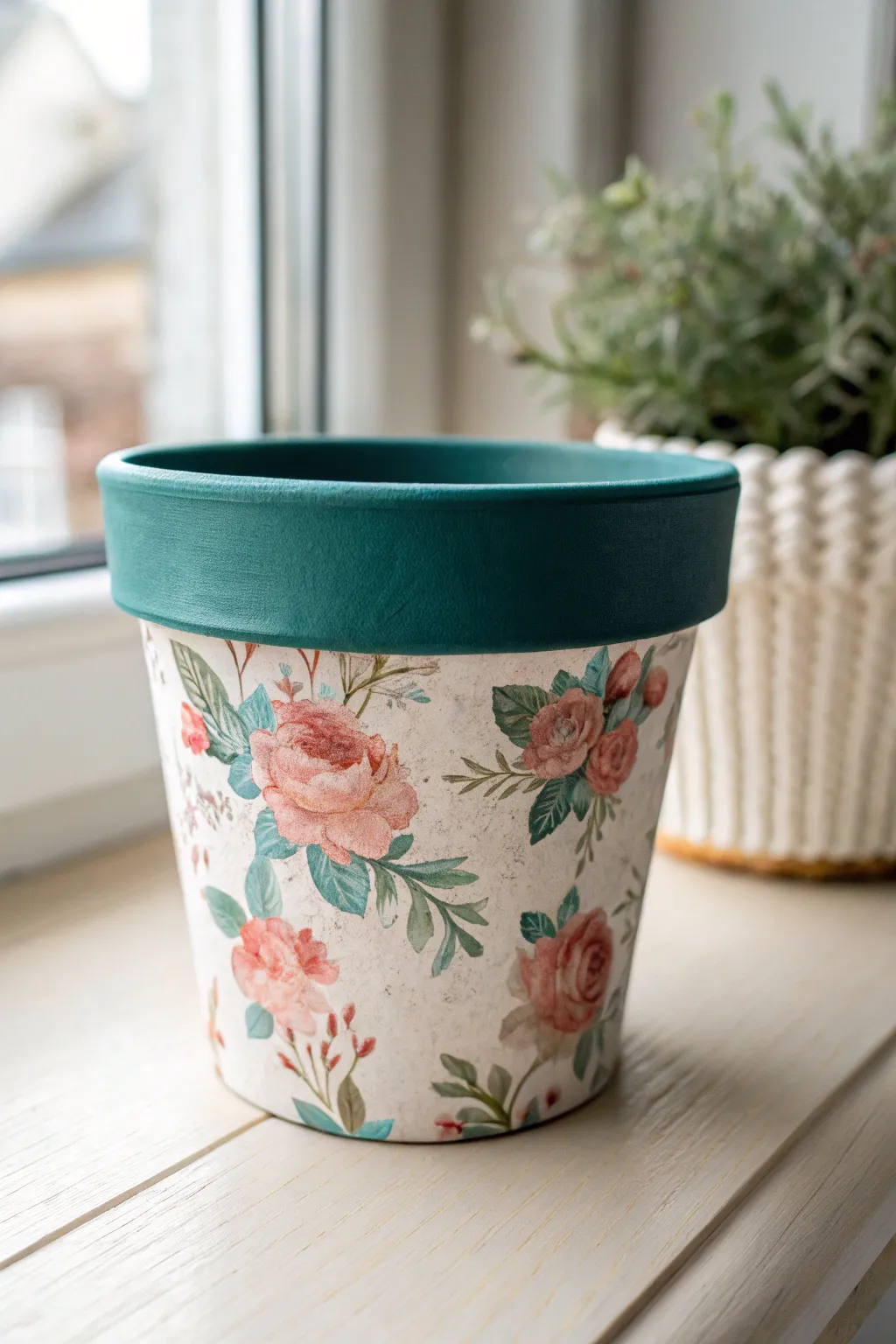 Floral napkin-decoupage small clay pot with crisp painted rim, minimalist boho styling
