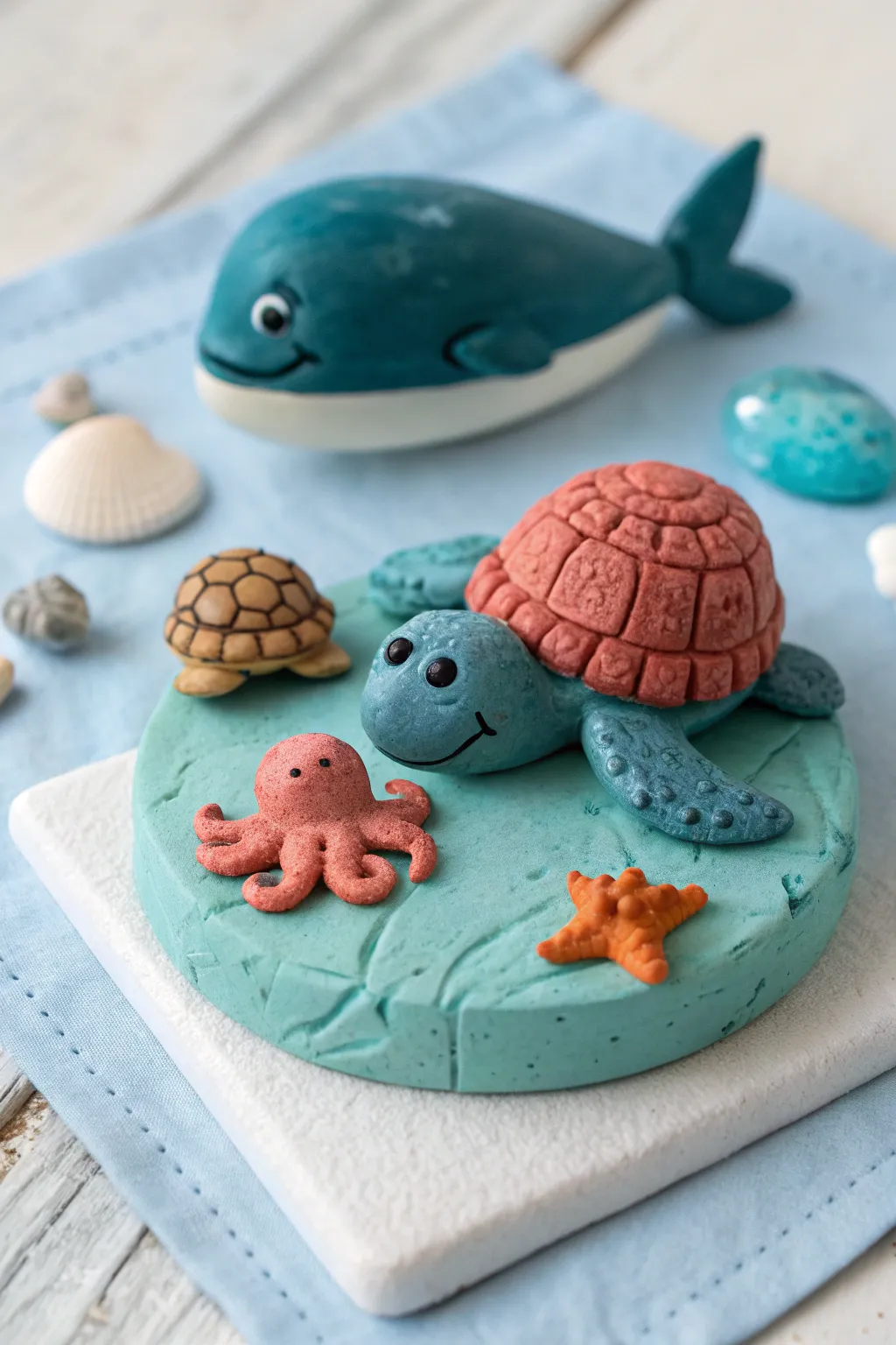 Mini sea creature trio on one clay base: turtle, whale, and octopus in bold coastal hues