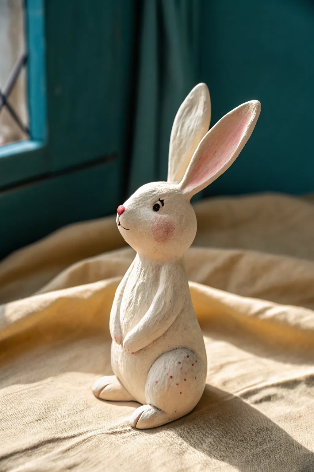 Little long-eared bunny in pastel clay with blush detail, a simple beginner-friendly sculpture
