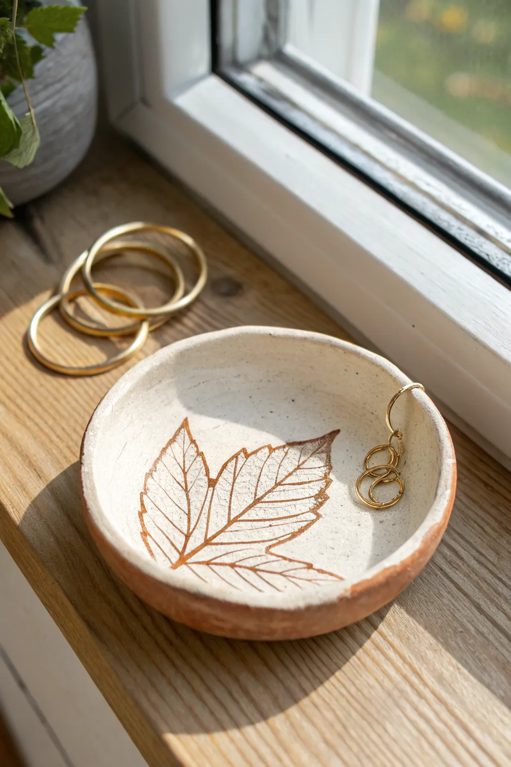 Easy leaf-imprint mini dish: a simple clay catchall for earrings with handmade charm.