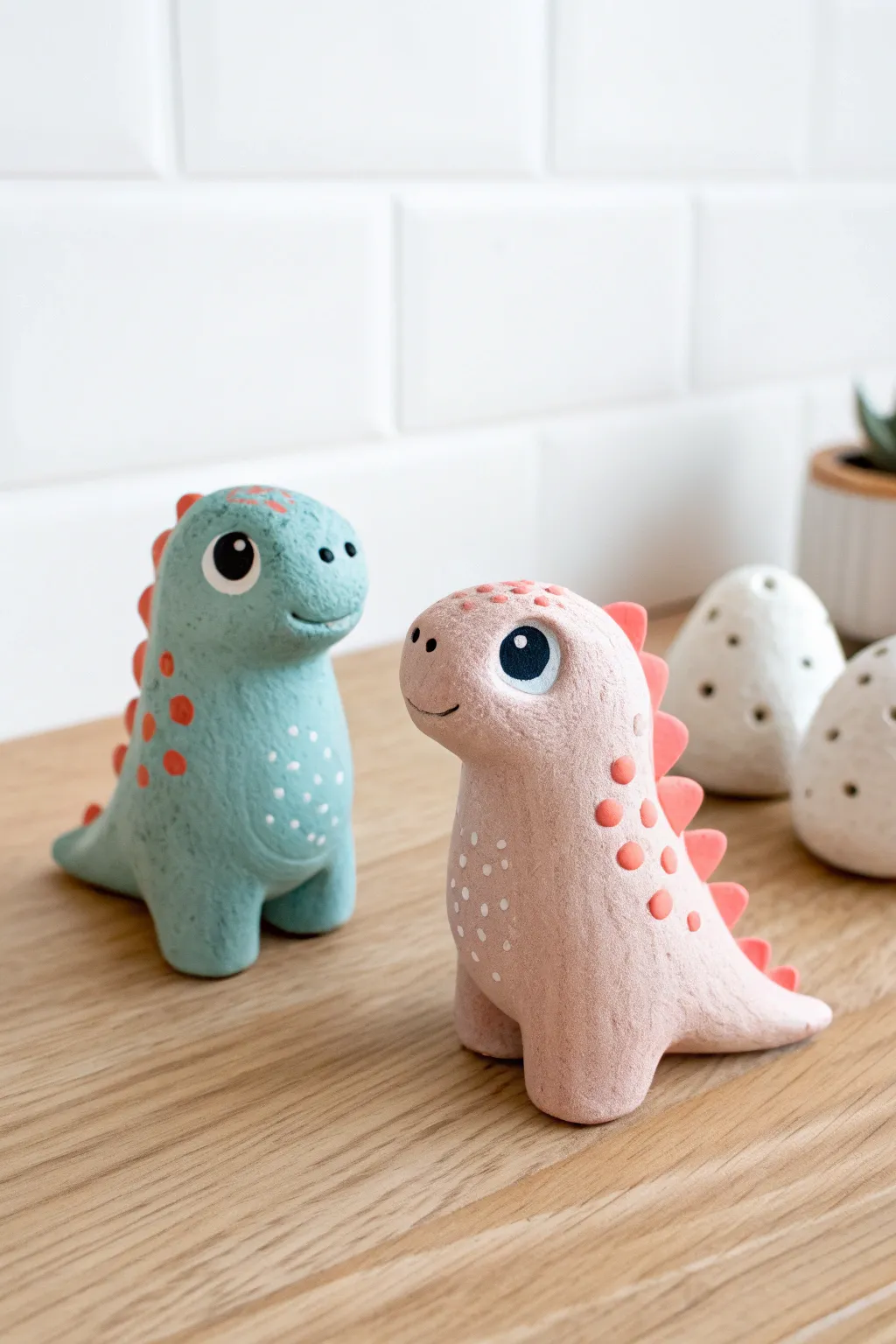 Mini dino nuggets in pastel clay, tiny desk mascots with bold pops of color and cozy vibes.