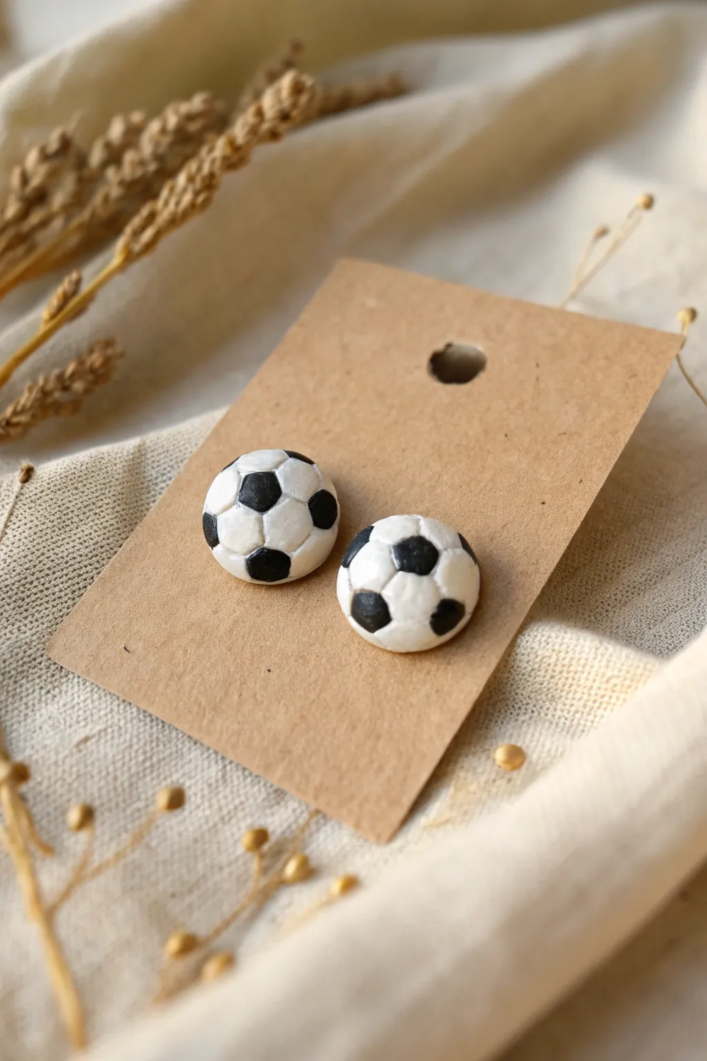 Cute handmade soccer ball stud earrings with clean black and white details, minimalist and chic.