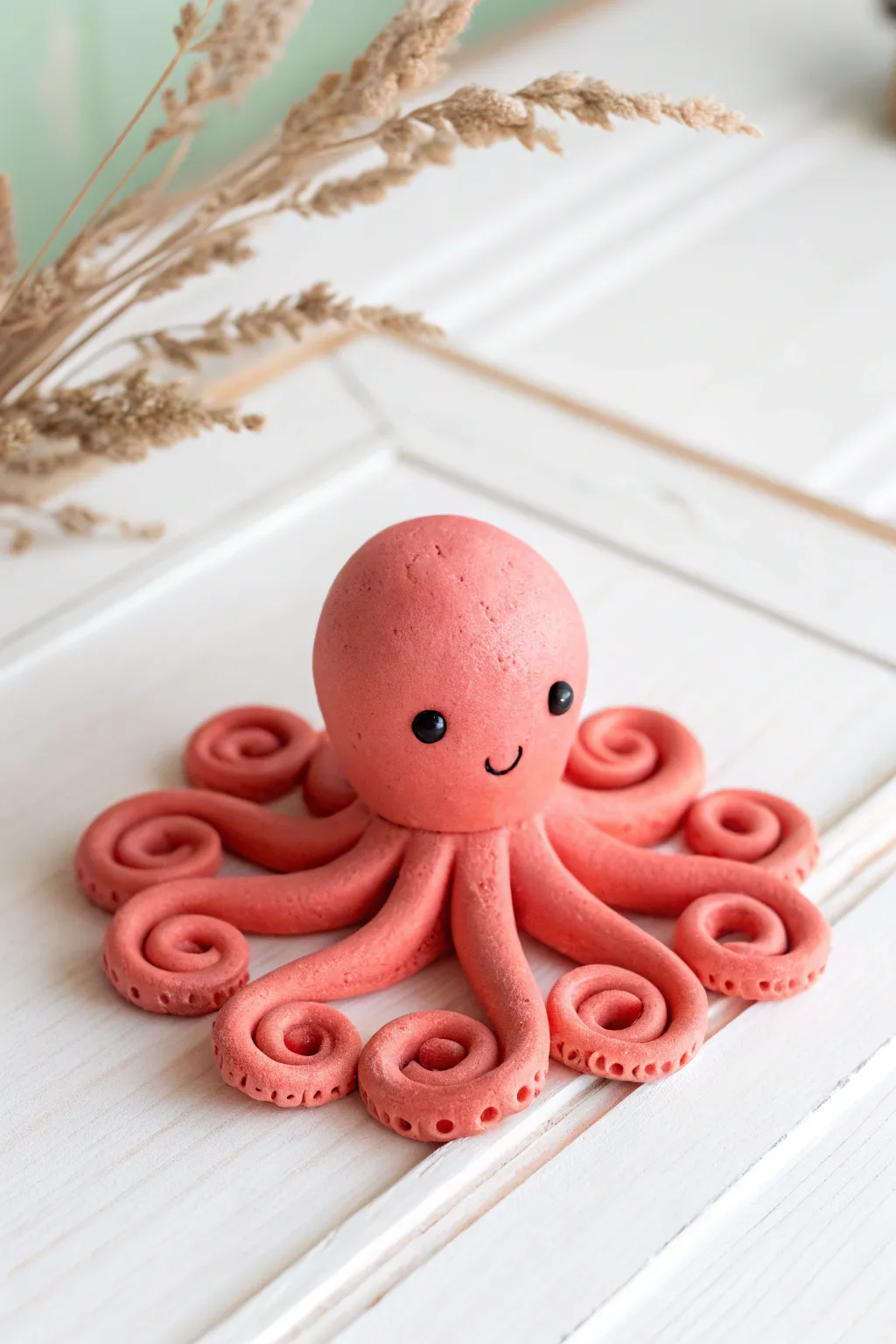 Bright soft clay octopus with curly tentacles, minimalist charm with a bold pop of color.