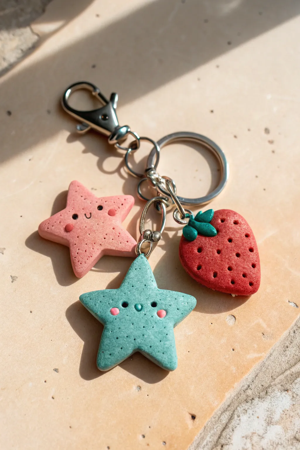 Simple soft clay keychain charms in bold colors, clean Scandinavian style with a boho touch