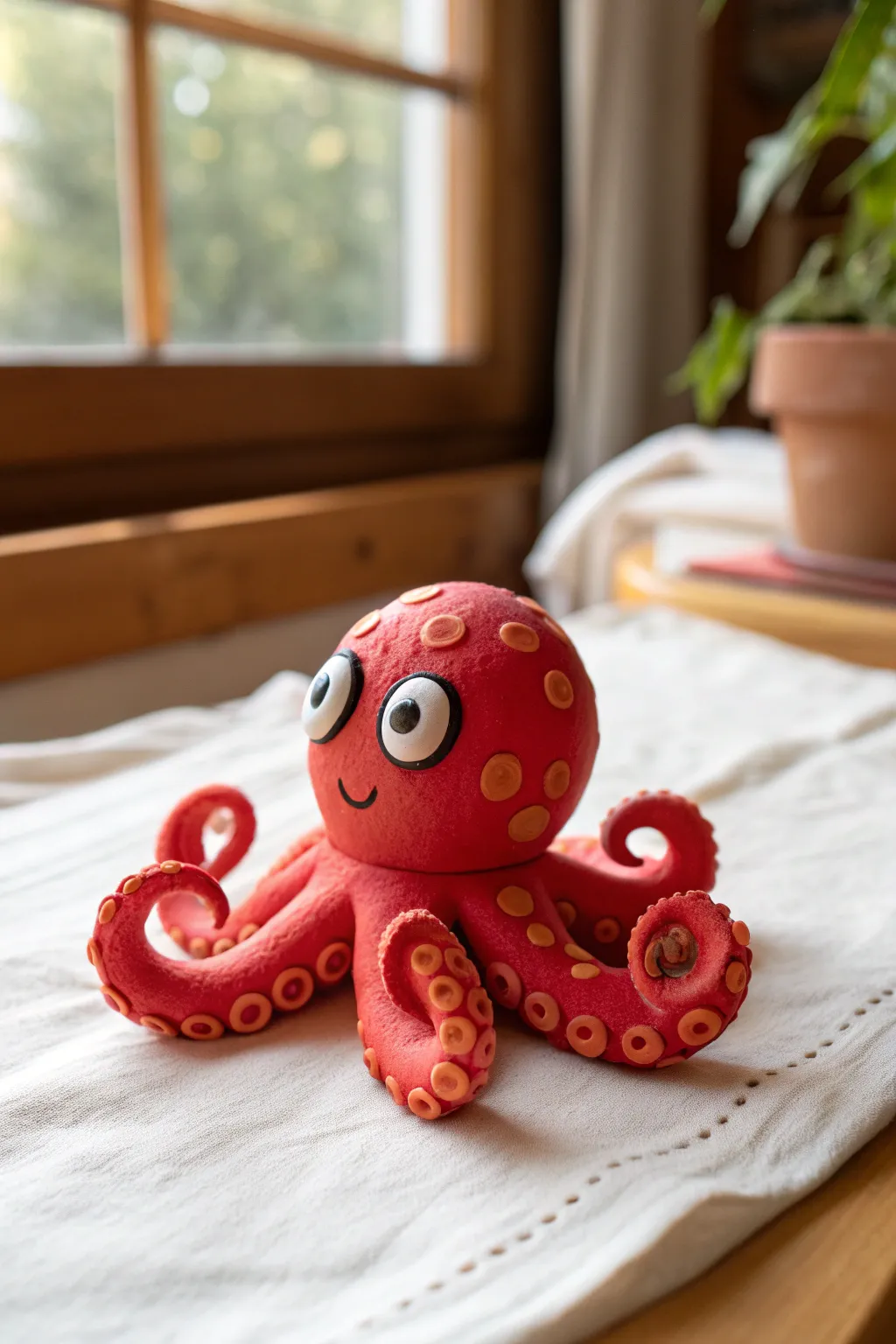 Cheerful clay octopus pal with curly arms, simple kid friendly sculpt that pops in bright color