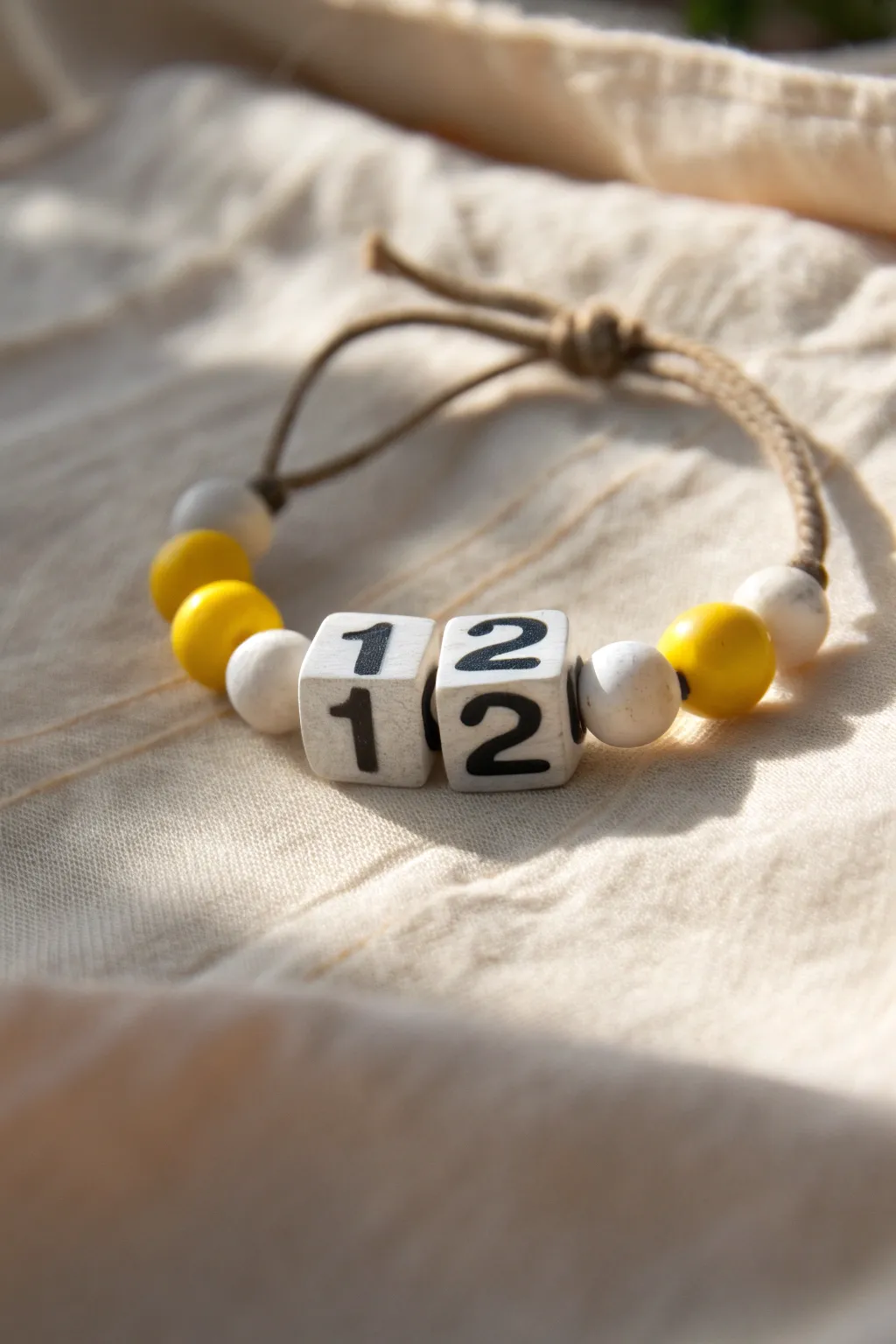 Jersey number bracelet with bold digits and softball yellow beads for a clean, sporty-boho look.