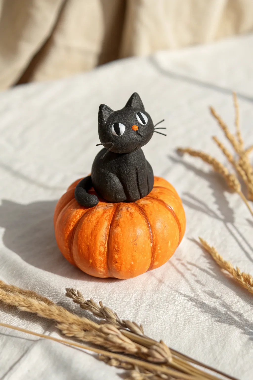 Cozy spooky clay decor: a tiny black cat curled on a pumpkin, minimal and handmade.