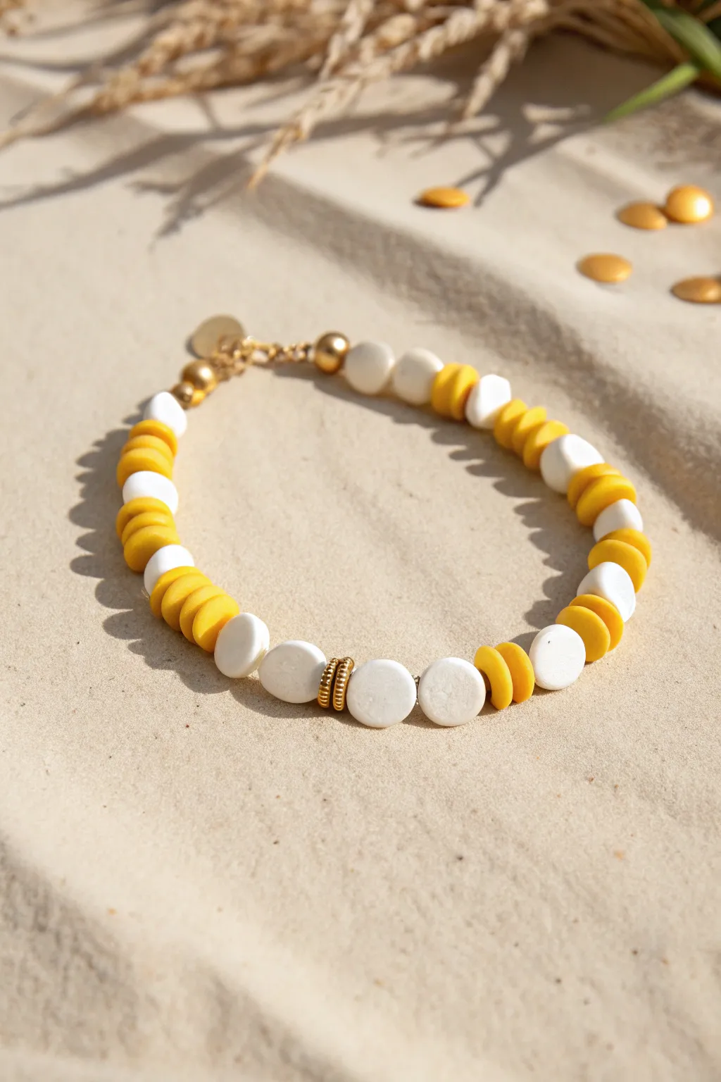 Sunshine yellow and white clay bead bracelet with warm gold spacers, fresh spring minimalism.