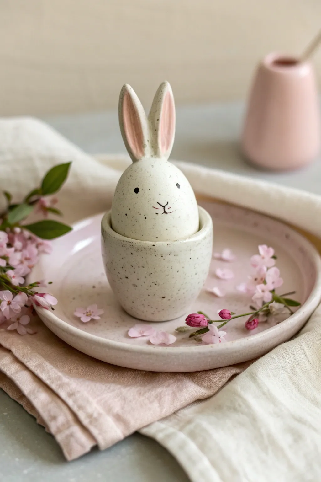 Minimalist bunny egg cup for spring brunch, handmade clay charm with bold egg color and petals