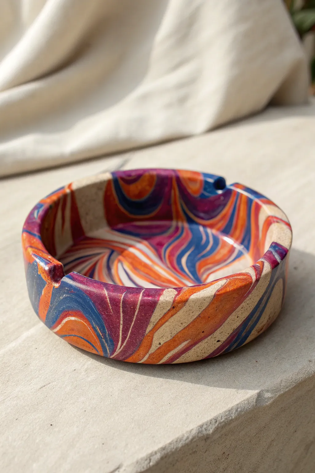 Handmade psychedelic swirl clay ashtray in bold colors on a calm neutral surface.