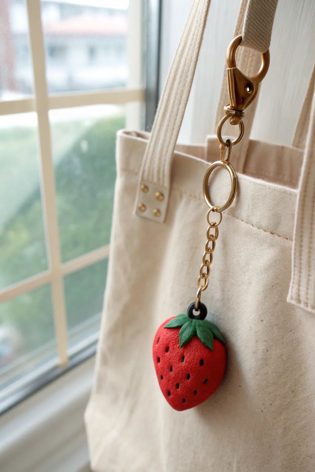 A bold strawberry clay bag charm that pops beautifully against a minimalist neutral tote.
