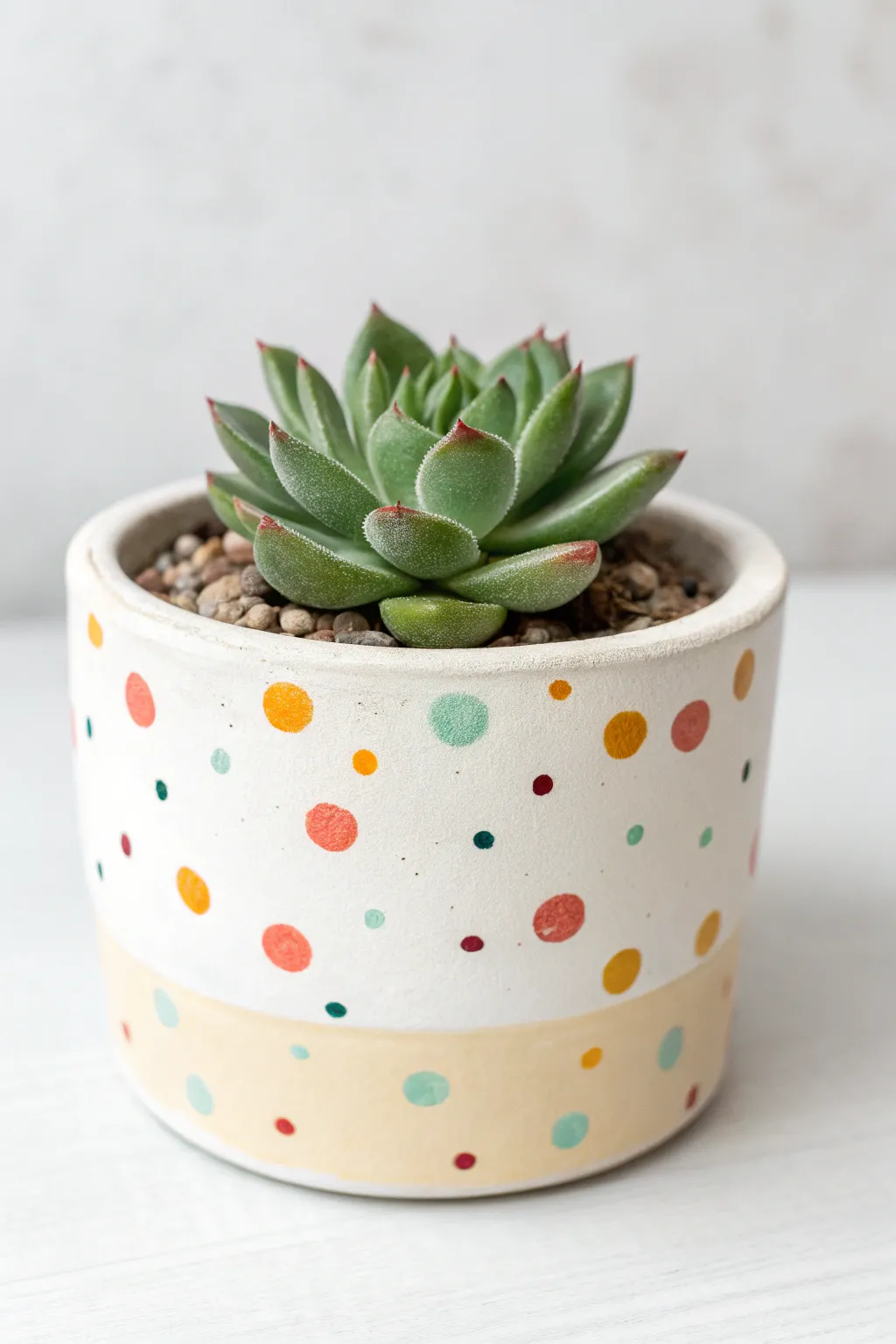 Confetti dot succulent pot in bold boho colors, simple Scandinavian styling, easy DIY charm.
