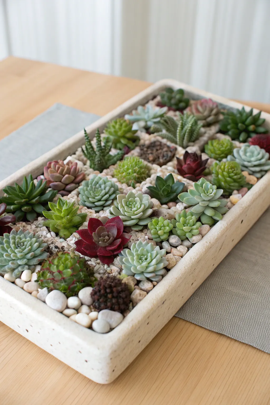Jam-packed mosaic succulent tray with bold color pops—minimal, boho, and hobbyist-friendly.