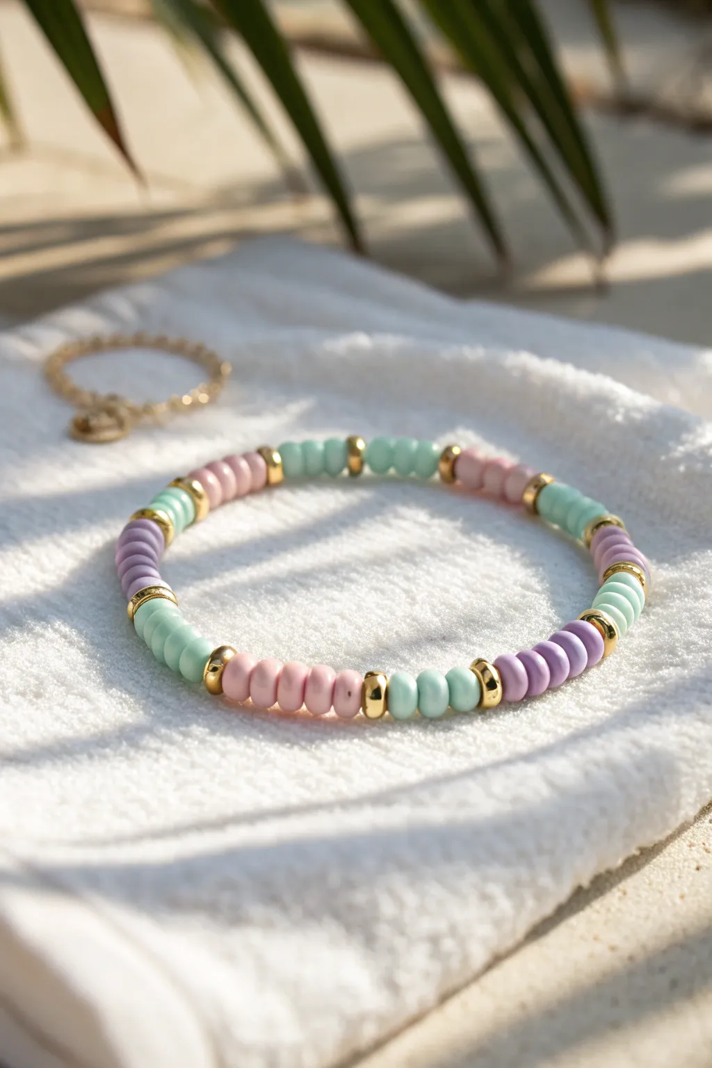 Pastel sorbet heishi bracelet with gold spacers, sunlit on white towel for summer vibes