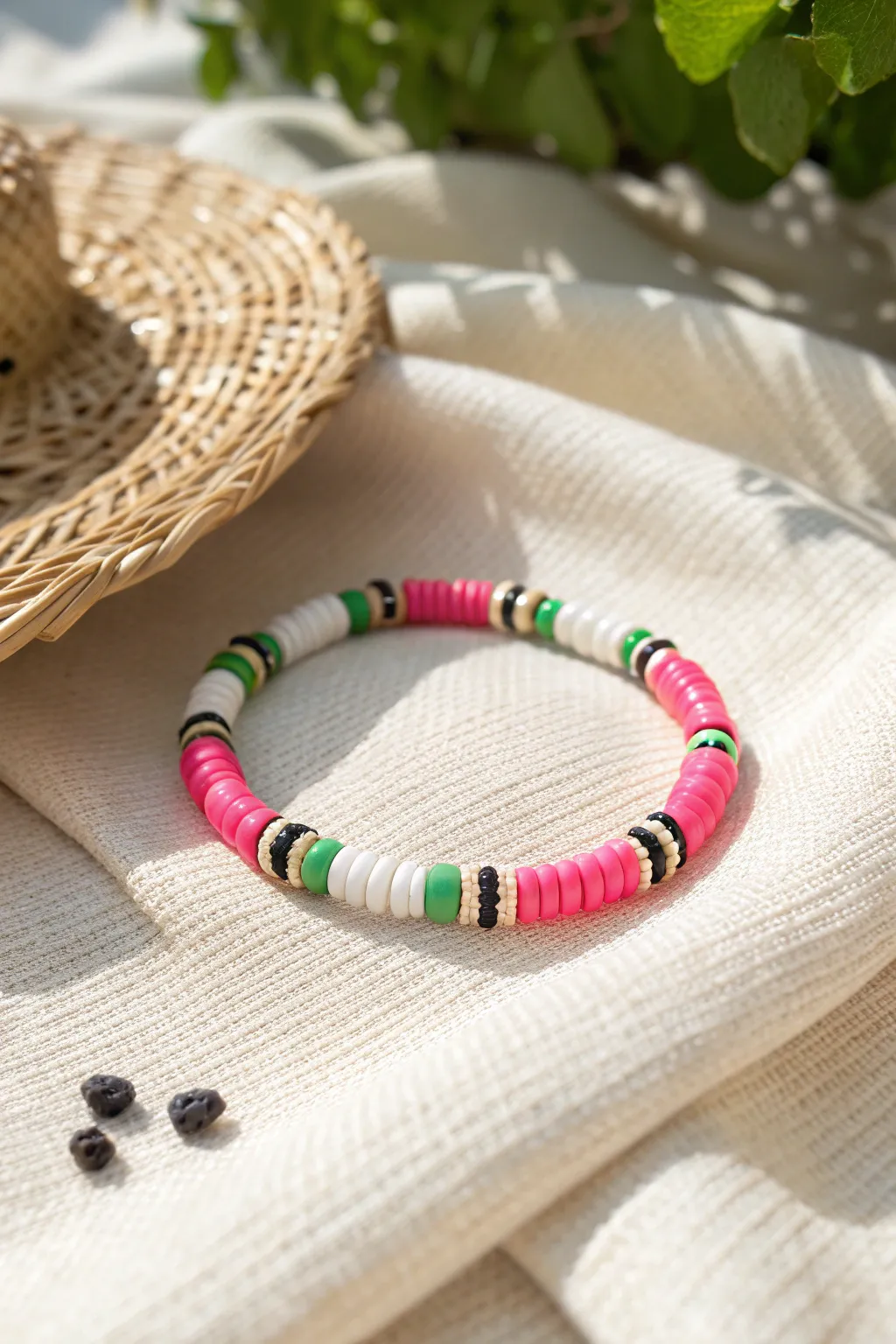Watermelon color-block heishi bracelet on a picnic blanket—easy summer beads with a chic boho feel.