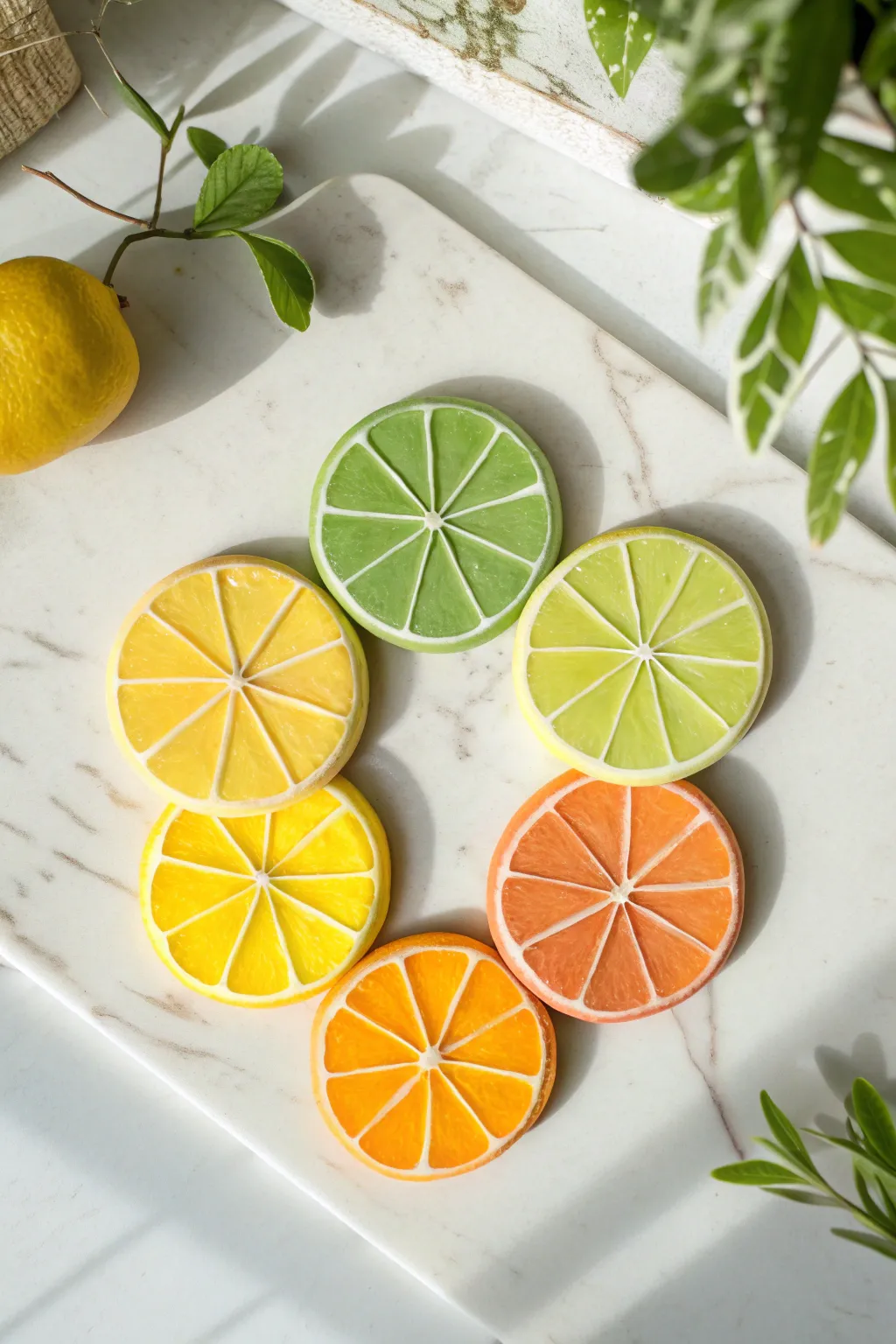 Sunny citrus slice clay magnets in bold summer colors, styled minimal and perfectly handmade