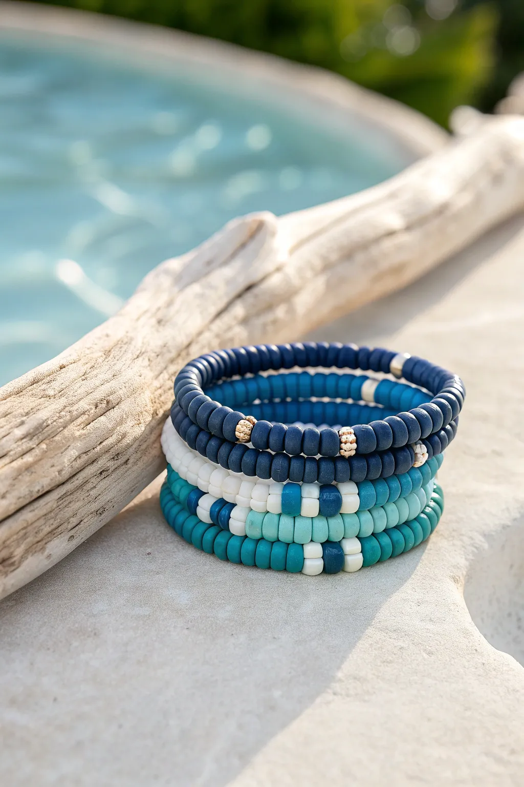 Ocean wave ombré heishi bracelets in deep blue to teal with crisp white beachy accents.