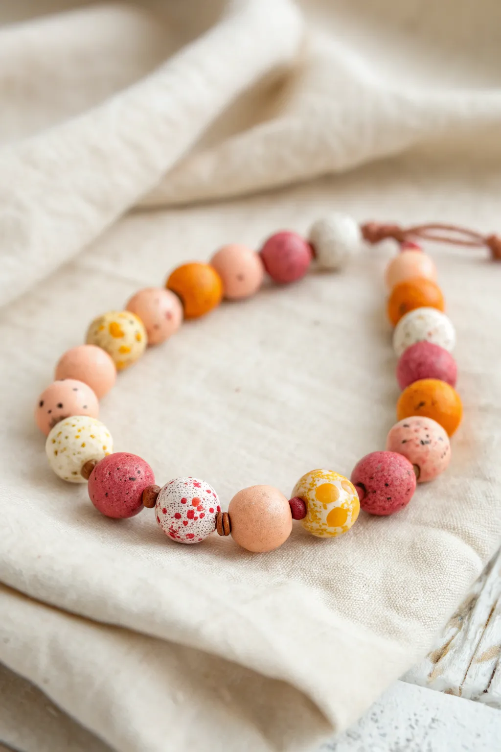 Sunset confetti beads in a cheerful coil, minimalist styling with bold, warm color pops.