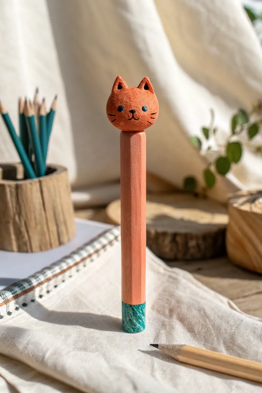 Cute super clay cat pencil topper perched snugly, minimalist boho styling in bold color.