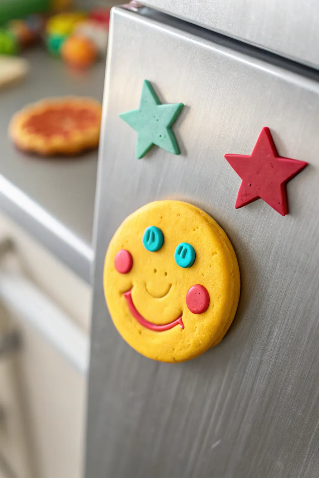 Bright super clay smiley magnets pop against cool metal for an easy, happy DIY kitchen touch.