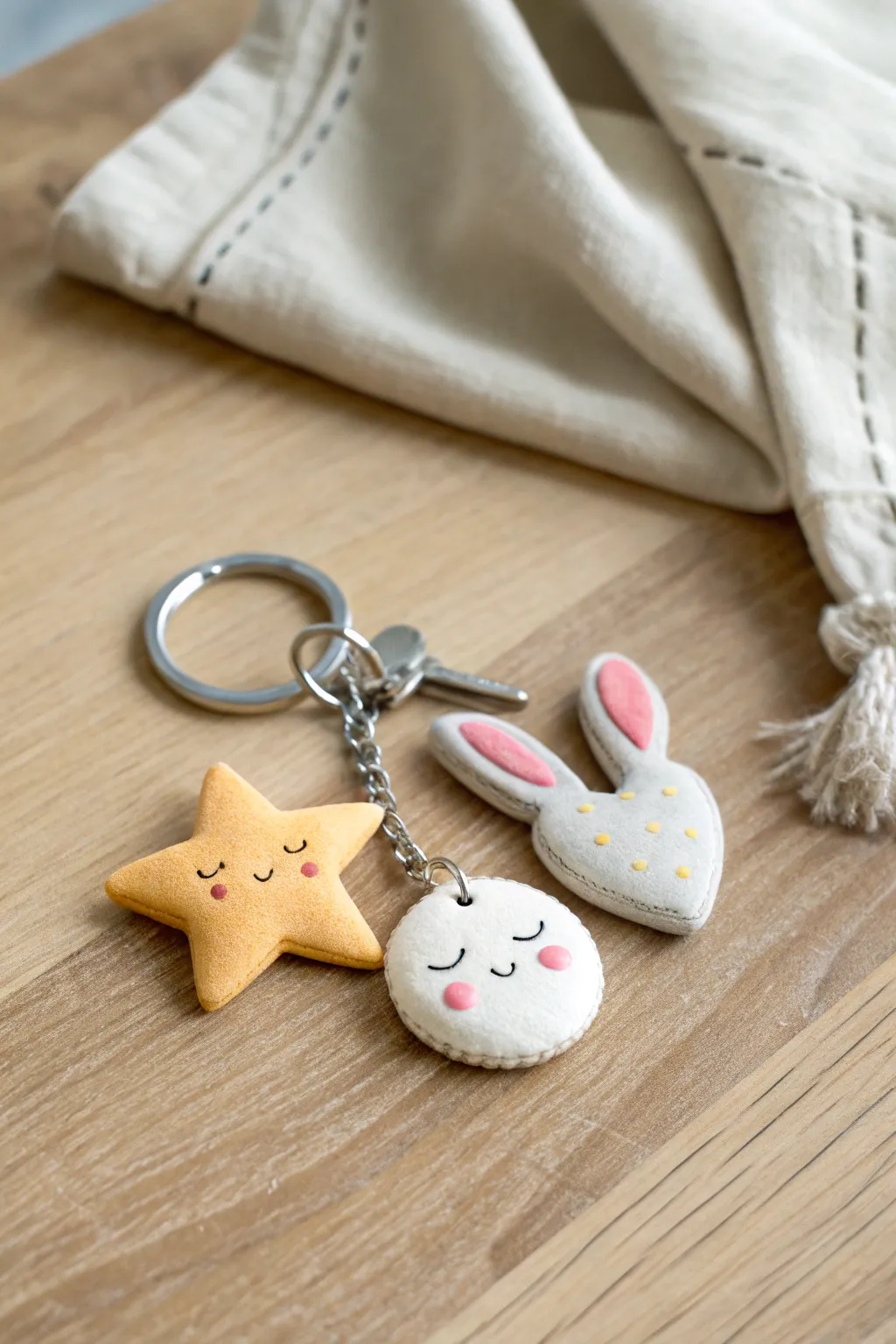 Super light clay keychain with cute star, heart, and bunny toppers in bold modern boho colors