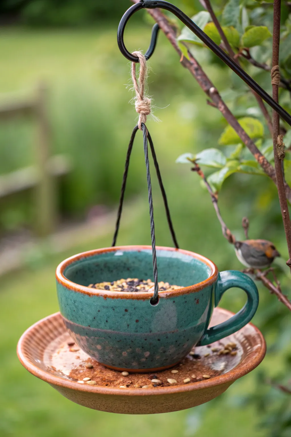 A bold teal teacup bird feeder hanging in greenery, simple, charming, and easy to recreate.